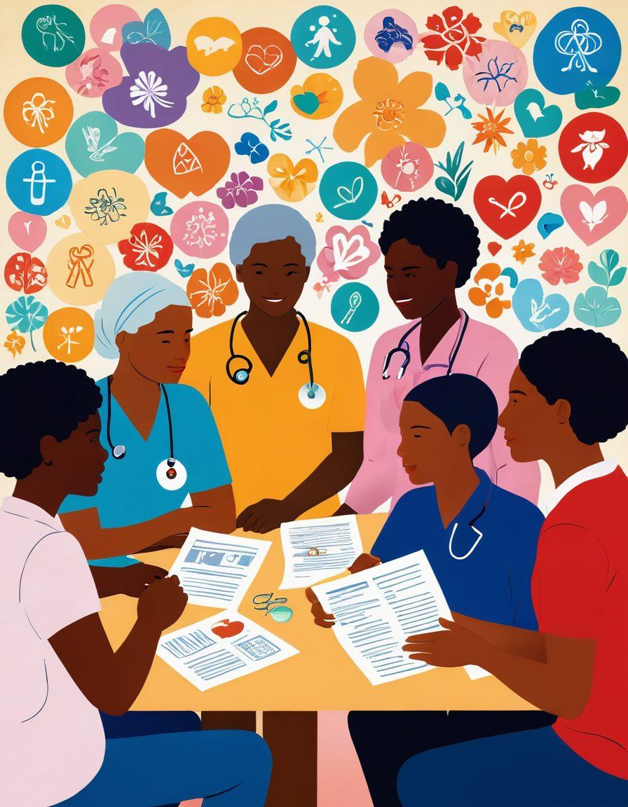 A warm, inviting scene of diverse individuals engaged in supportive conversation, surrounded by symbols of hope like ribbons, blooming flowers, and health awareness pamphlets. Include elements of healthcare, such as medical icons and wellness items, subtly integrated in the background. The atmosphere should radiate uplifting energy and community spirit, highlighting empowerment in cancer care and prevention. soft focus. vibrant colors. warm tones.