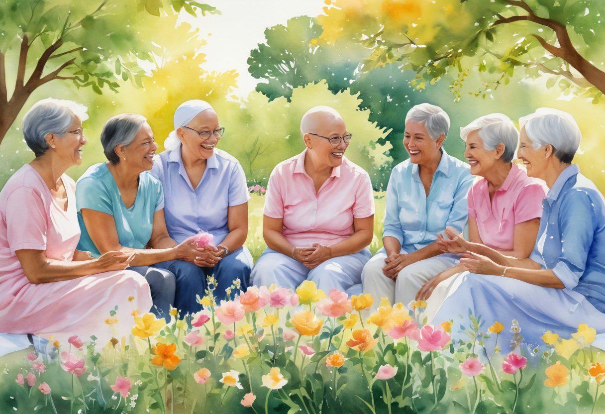 A diverse group of individuals, representing various ages and ethnicities, gathered in a warm, sunlit park, sharing stories and laughter, symbolizing support and community in cancer survivorship. Soft watercolor elements blend with vibrant, uplifting colors, creating a sense of hope and compassion, while a backdrop of blooming flowers adds to the nurturing atmosphere. natural light. soft focus. watercolor painting.