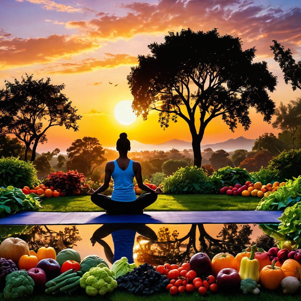A serene landscape featuring a vibrant, healthy garden filled with colorful fruits and vegetables, symbolizing wholesome lifestyle choices. In the foreground, a silhouette of a person practicing yoga, representing mindfulness and fitness. The background shows a sun setting, casting warm, hopeful hues over the scene, reflecting positivity and well-being. super-realistic. vibrant colors. peaceful atmosphere.